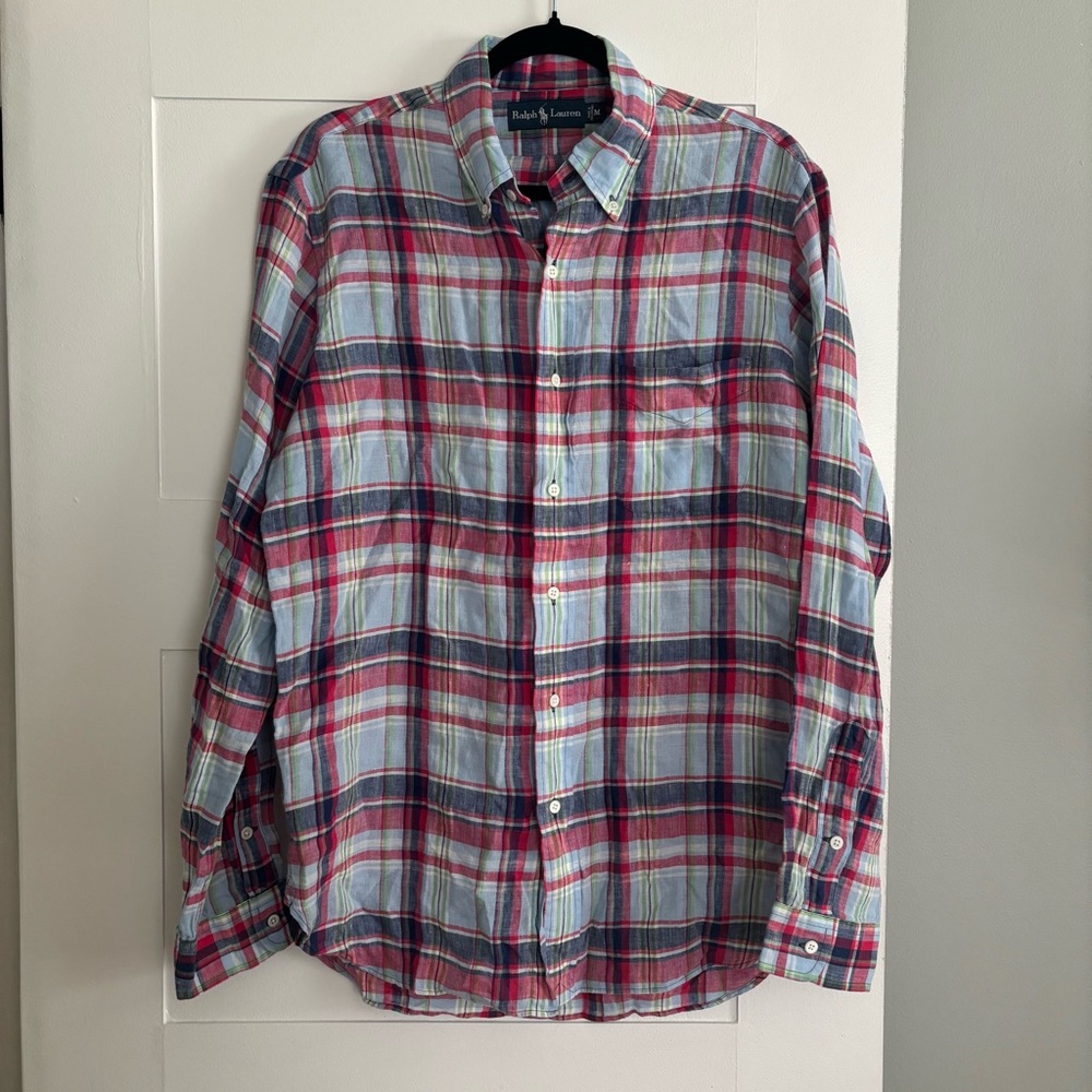 Men’s Ralph Lauren 100% linen long sleeve plaid button down bright easter medium